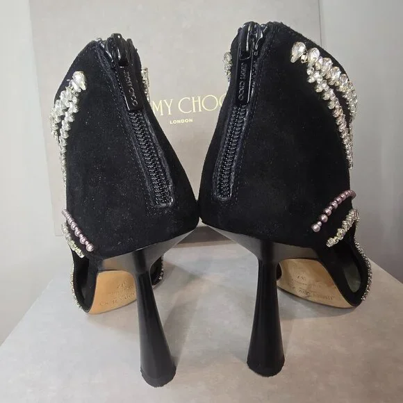 JIMMY CHOO Kendrix 100 - Suede Booties with Embroidery Black/White - Picture 9 of 15
